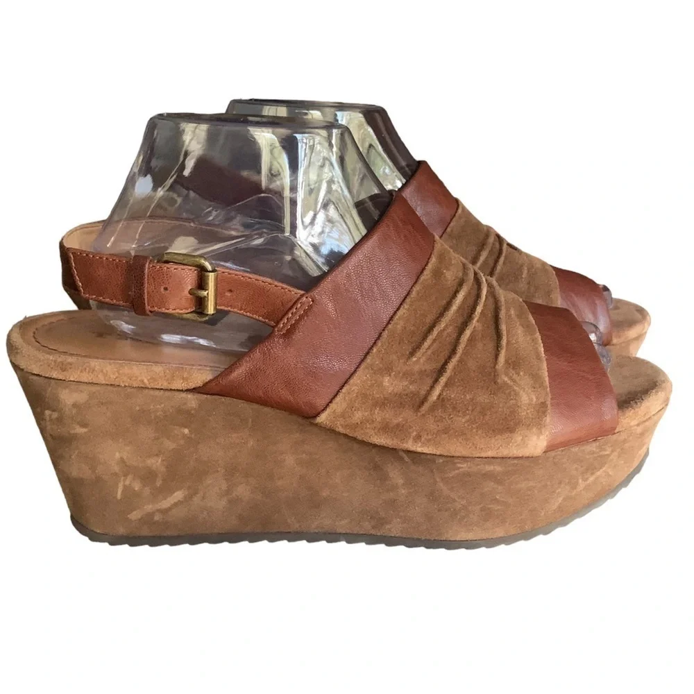 Trask Sundance Shari Suede Leather Made in Brazil Platform Wedge Cognac  Sz 10